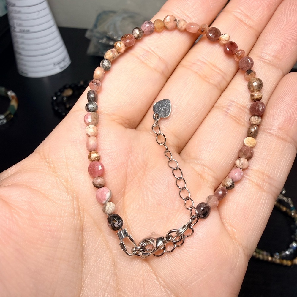 Rhodonite & Rhodochrosite 4mm Adjustable Bracelet | Stainless Steel Extender - Picture 2 of 4
